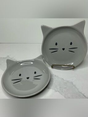 2 Signature Ceramic Bowl Cat Face Shaped Trinket Dish Gray New